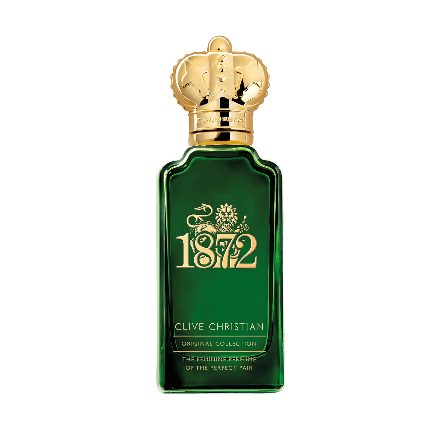 Emerald green Clive Christian 1872 perfume bottle with gold accents and crown cap, labeled "The Feminine Perfume of the Perfect Pair".