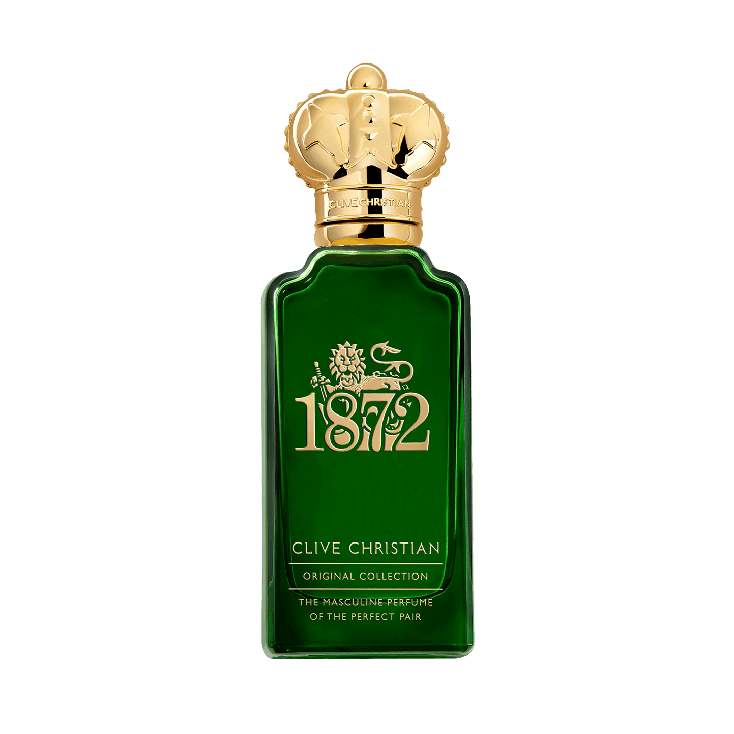 Clive Christian 1872 masculine perfume in a green glass bottle with a gold crown cap.