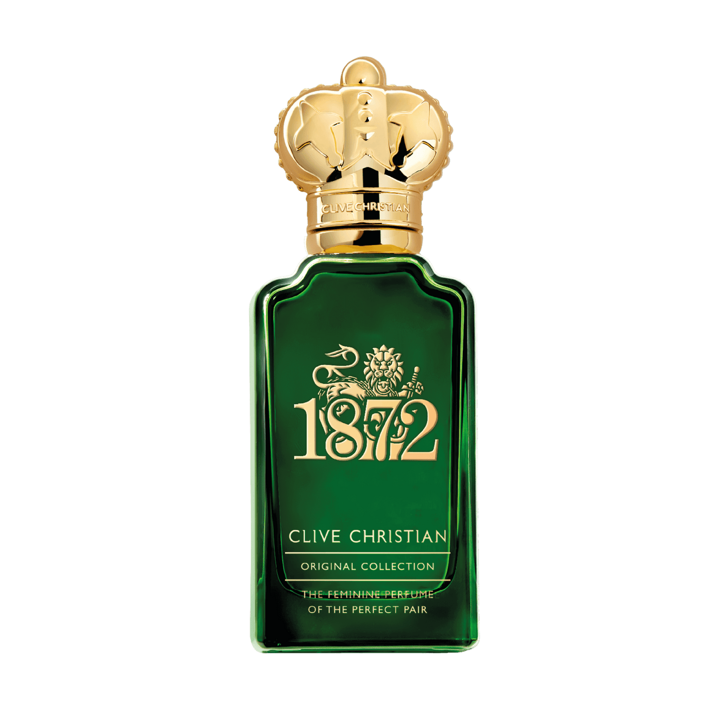 Clive Christian 1872 perfume bottle, featuring a green glass bottle, gold accents, and the signature crown cap. This is the feminine fragrance in the original collection.