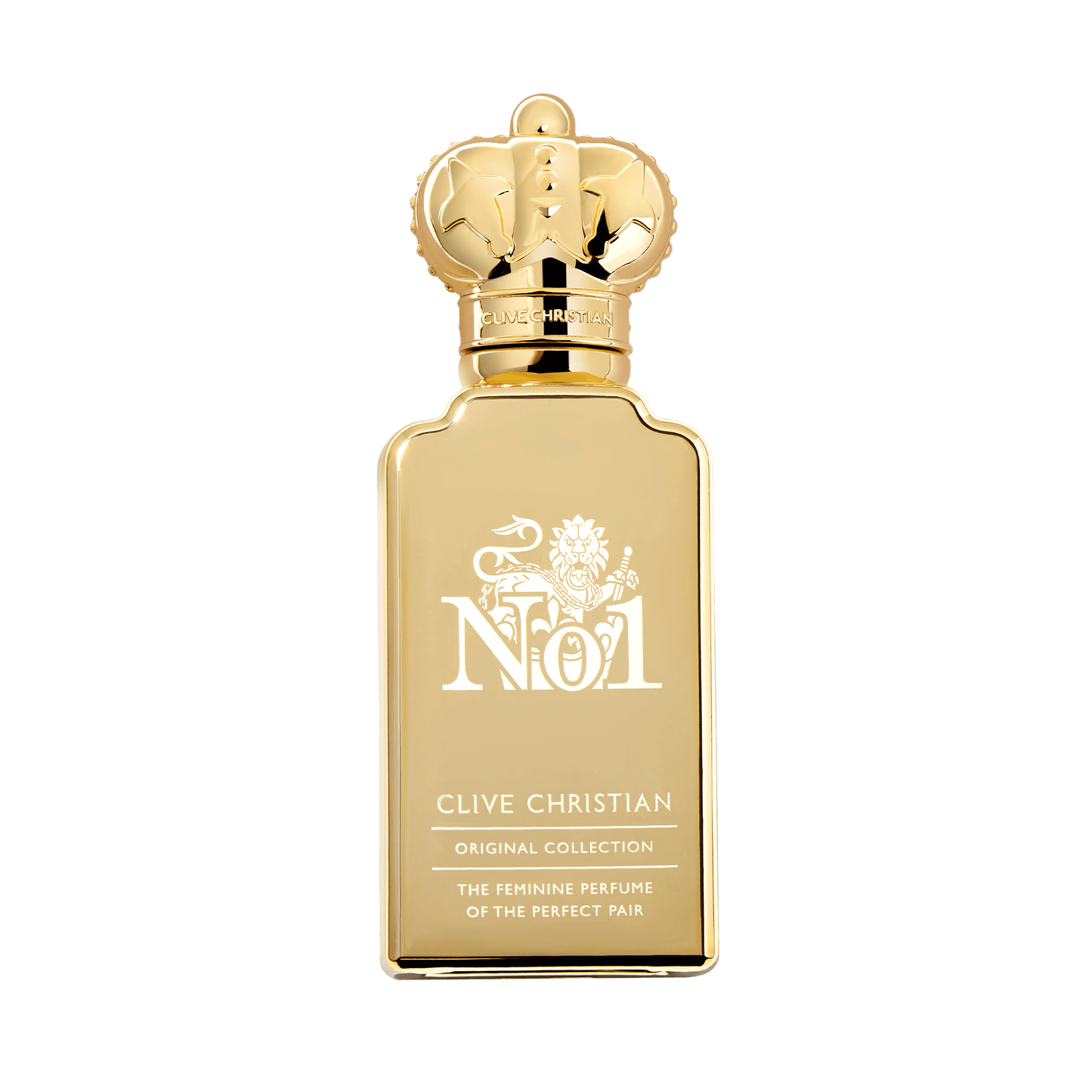 Gold bottle of Clive Christian No. 1, "The Feminine Perfume of the Perfect Pair," topped with a gold crown.