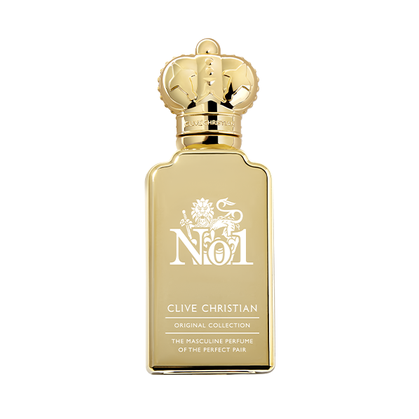 Gold bottle of Clive Christian No. 1 Original Collection masculine perfume, topped with a gold crown.