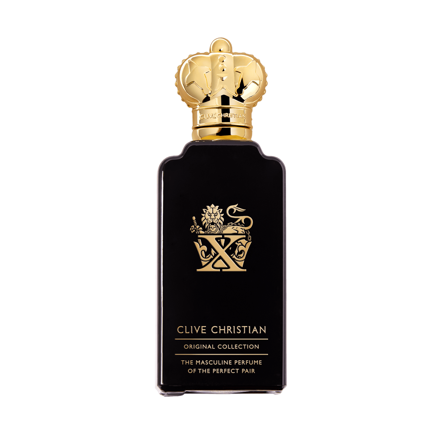 Clive Christian X Original Collection men's fragrance in a black bottle with a gold crest.