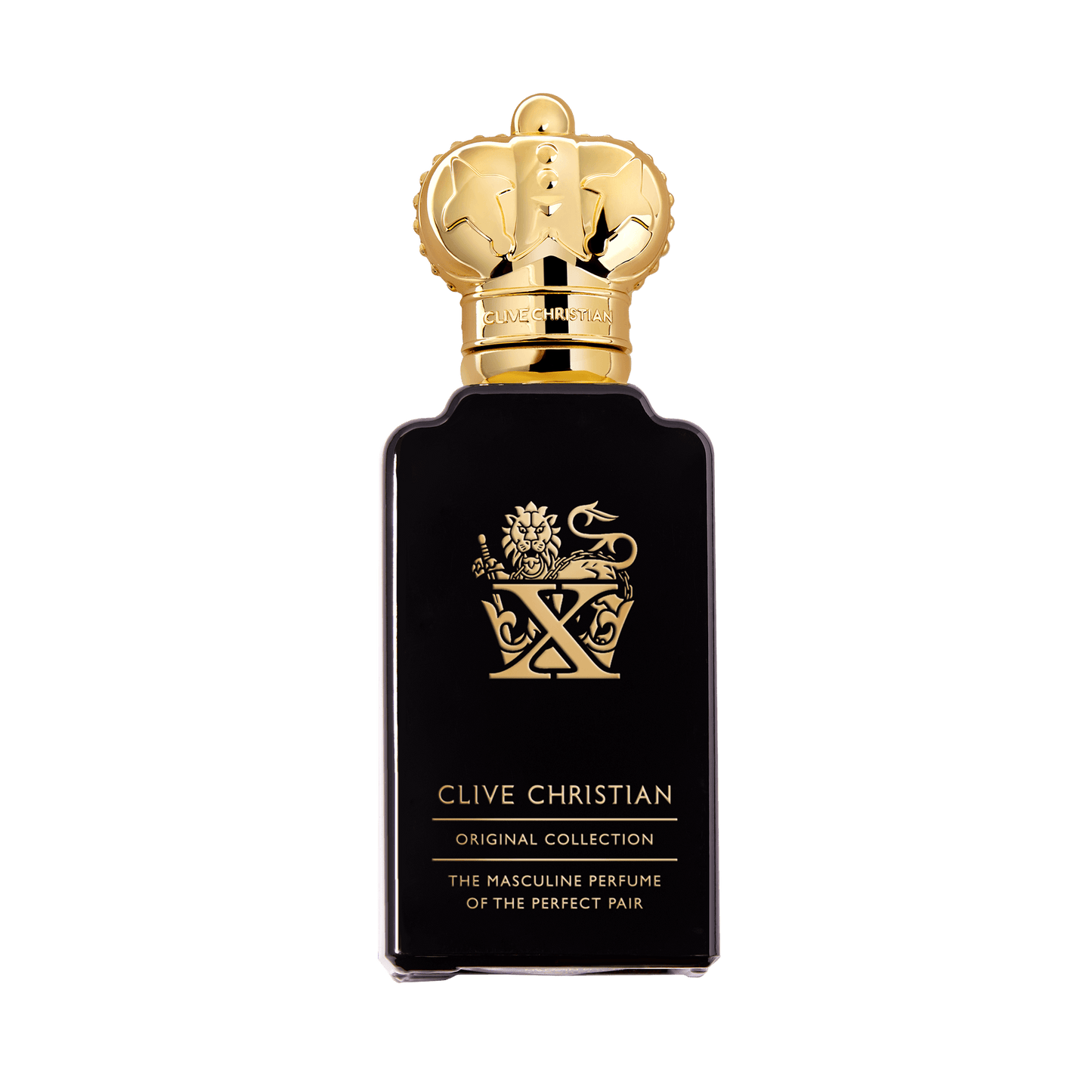 Clive Christian X perfume bottle, Original Collection, displays an ornate gold crest on a sleek black background.